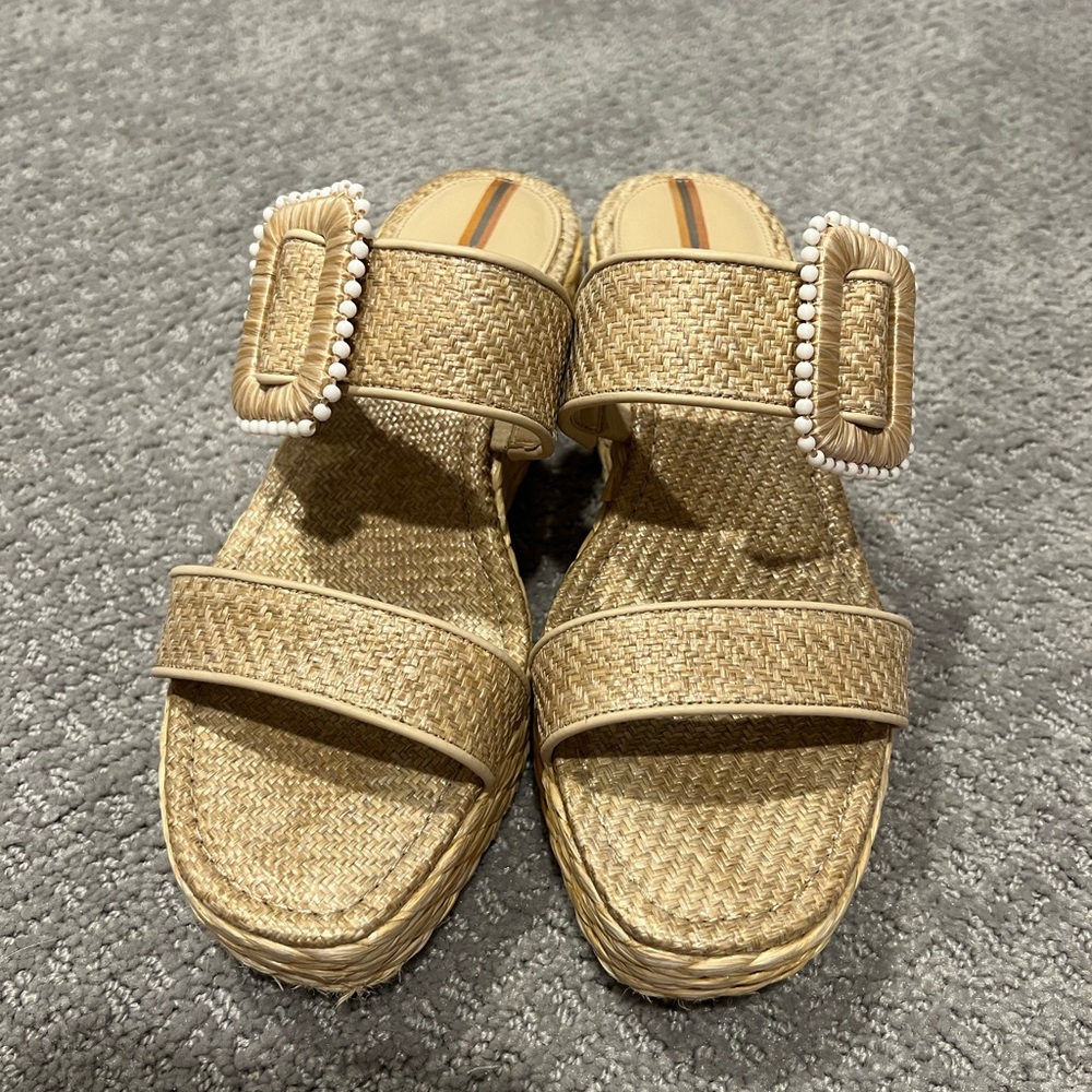 Sam Edelman Natural Woven Raffia Slide Sandals with Beaded Buckle
